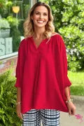 Fiery Red V-Neck Collared Oversized Top | Peachy & Pine Women’s Blouse