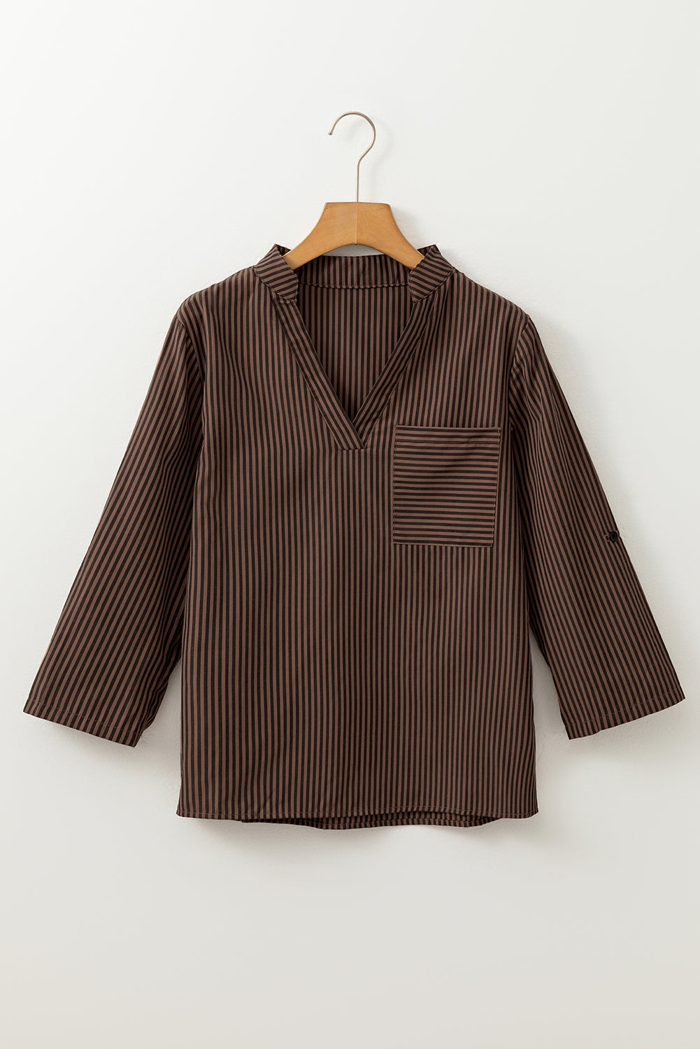 Brown Striped V Neck Roll Up Sleeve Pocket Patched Classic Shirt