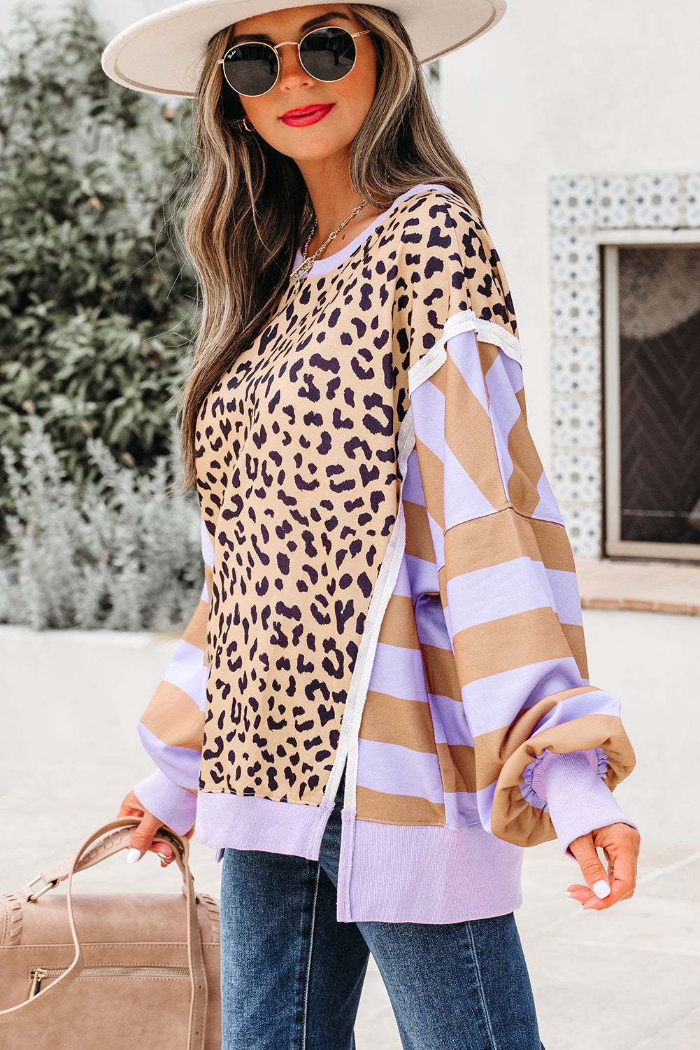 Purple Stripe Color Block Patchwork Leopard Casual Sweatshirt