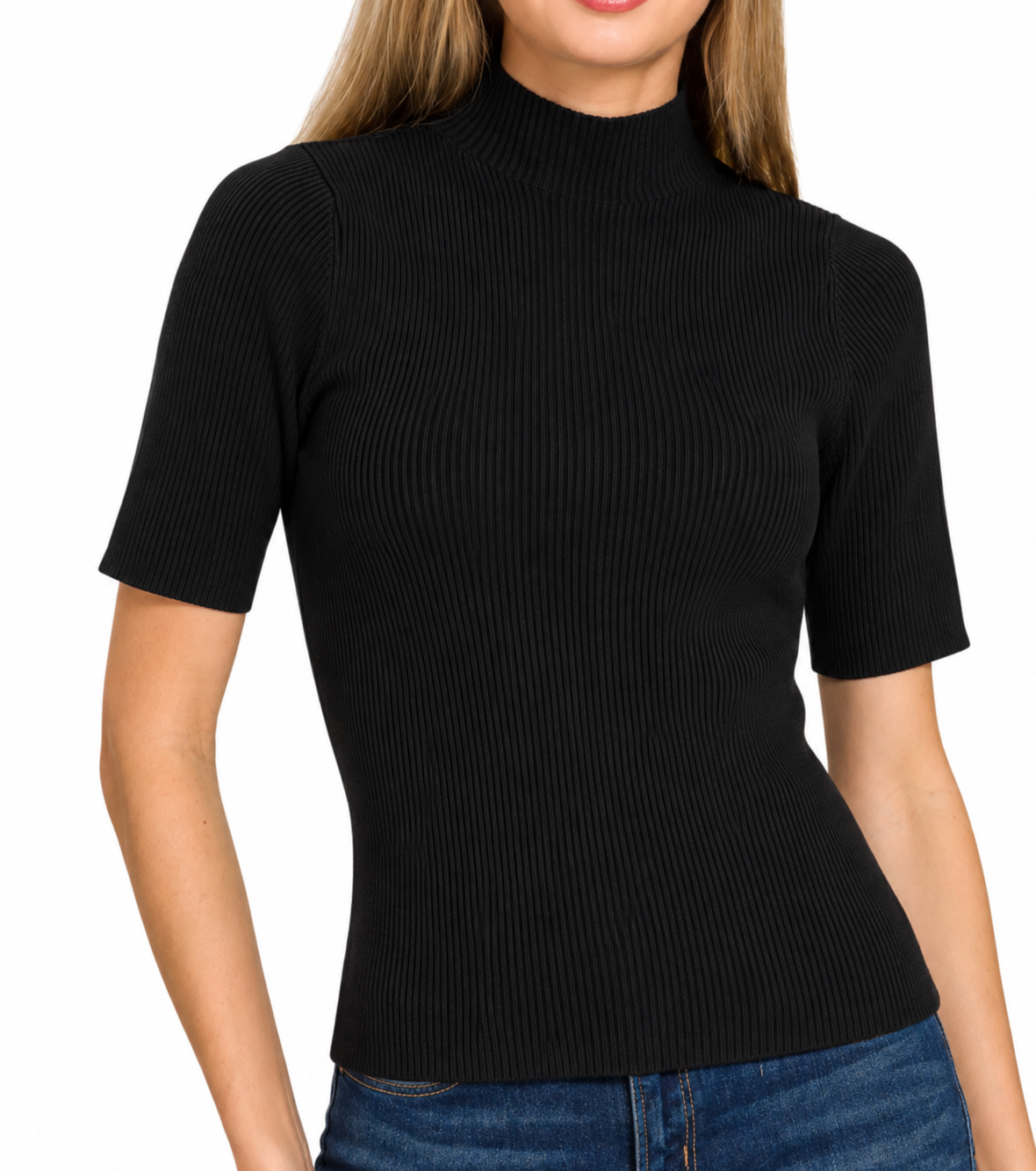 Black Ribbed Mock Neck Short Sleeve Sweater by Zenana