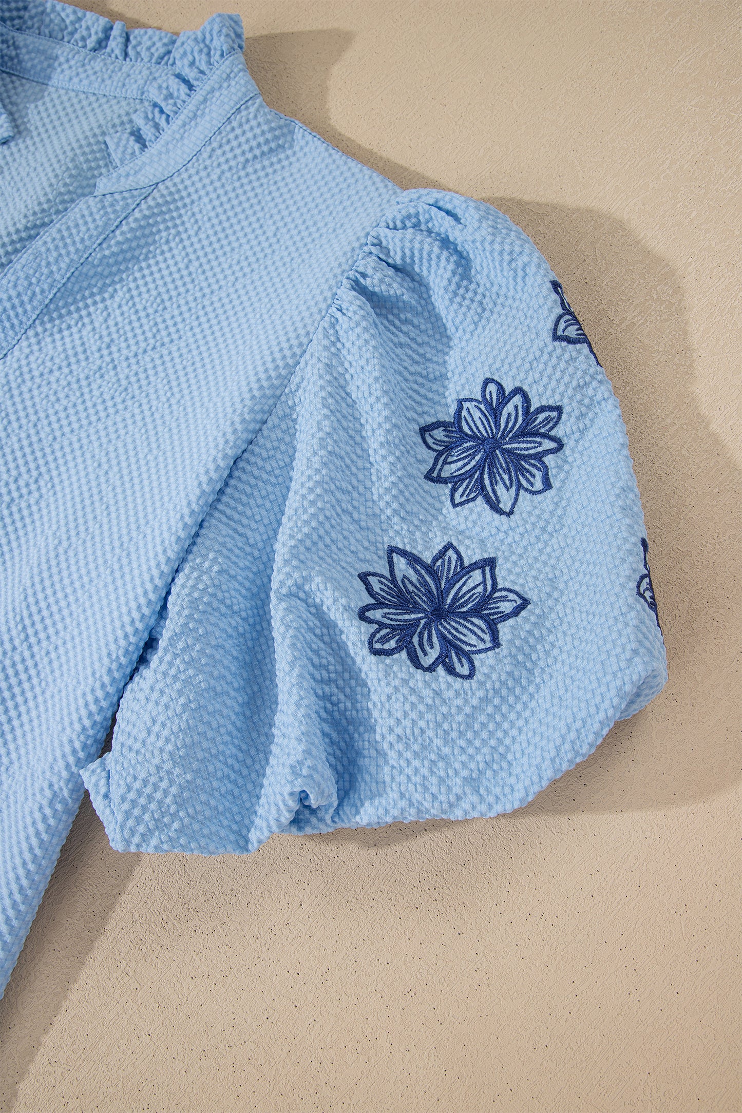 Beau Blue Embroidered Puff Sleeve Blouse