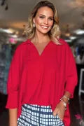 Fiery Red V-Neck Collared Oversized Top | Peachy & Pine Women’s Blouse