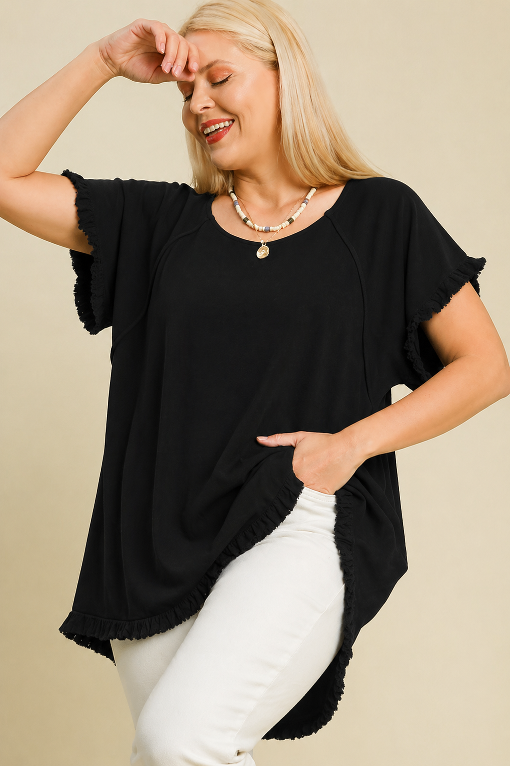 Umgee Linen Ruffle Fringe Edge Top