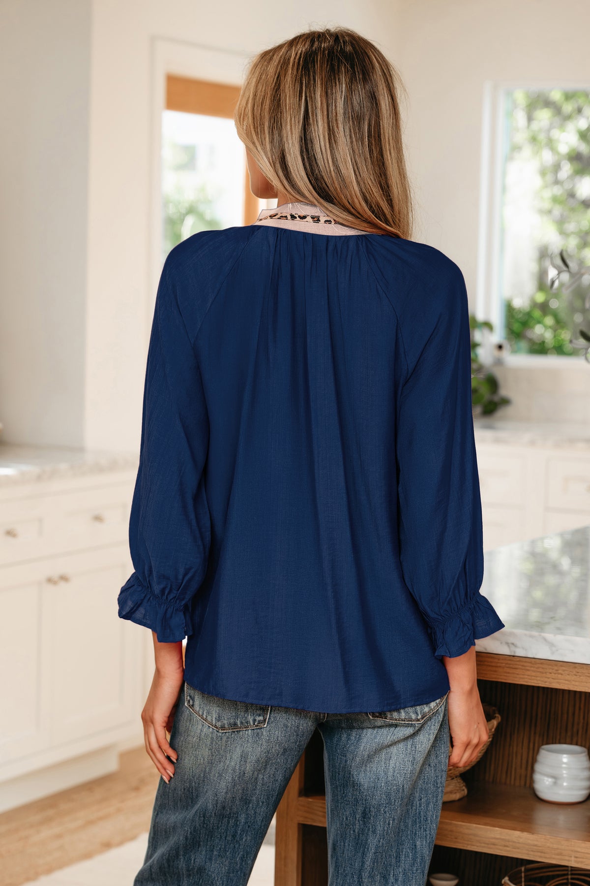 Blue Leopard Trim V Neck Bracelet Sleeve Blouse