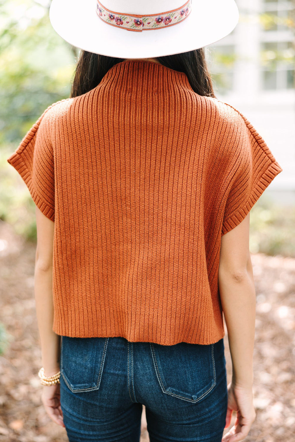 Rust Patch Pocket Ribbed Knit Short Sleeve Sweater
