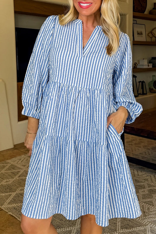 Blue Stripe Bracelet Sleeve Tiered Shift Dress with Pockets