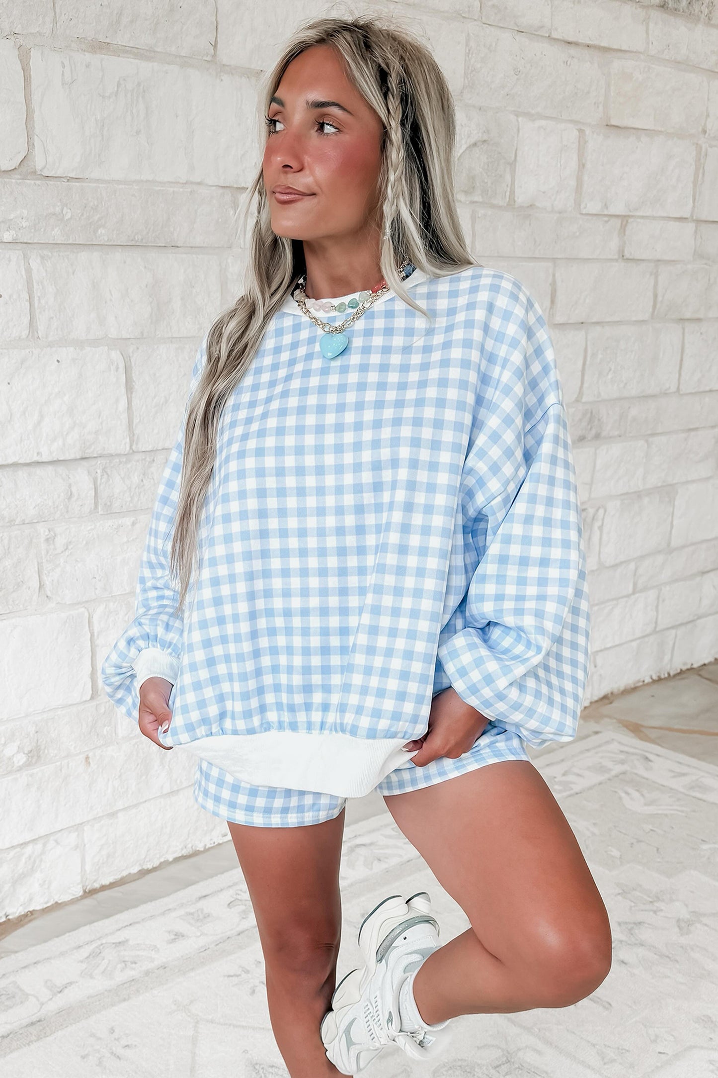 Blue Gingham Baggy Pullover Drawstring Casual Short Set