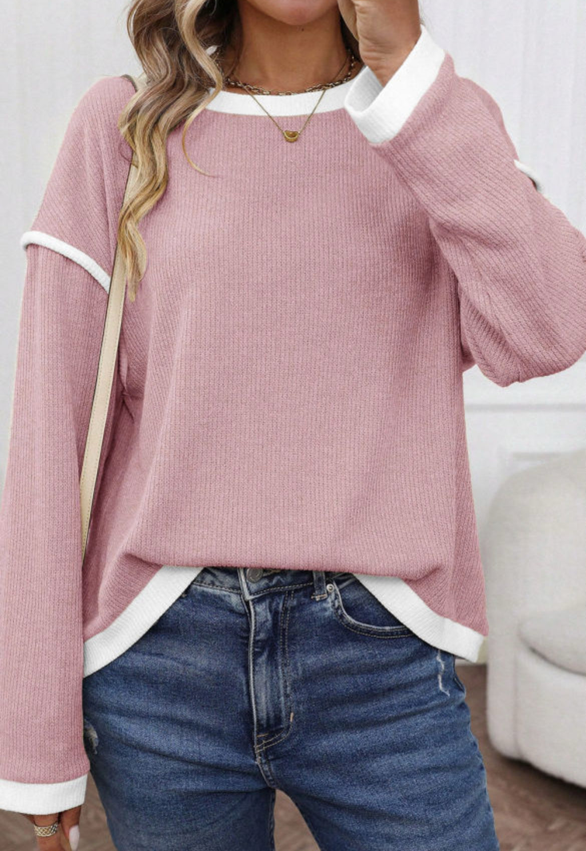 Pink Contrast Trim Knit Drop Shoulder Loose Top
