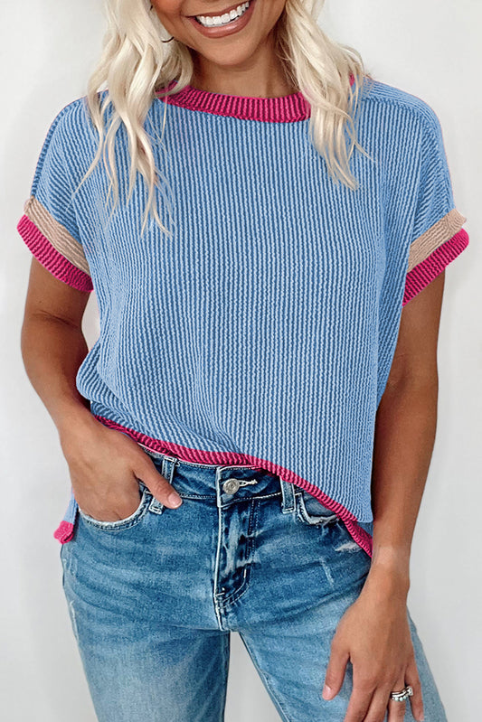 Blue Textured Contrast Trim Round Neck Shirt