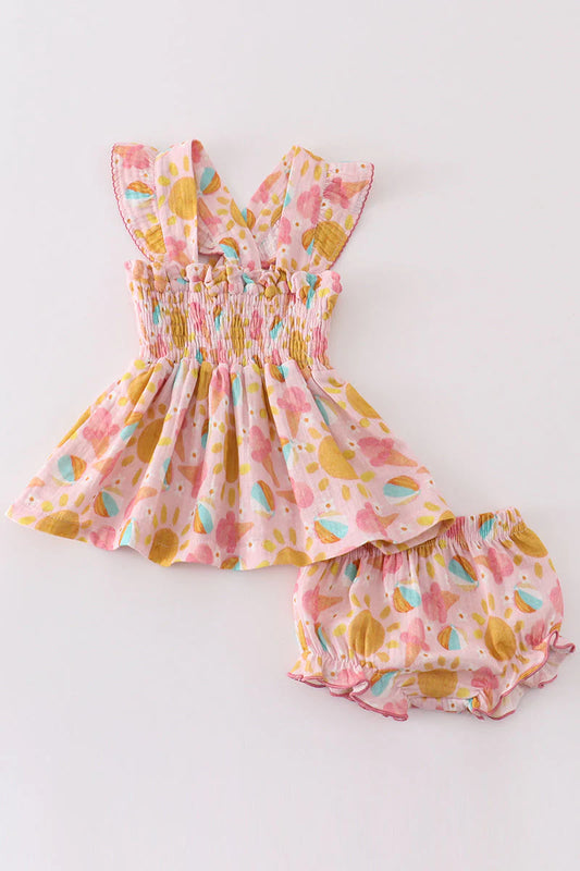 Premium Organic Pink Muslin Ice Cream Smocked Baby Set