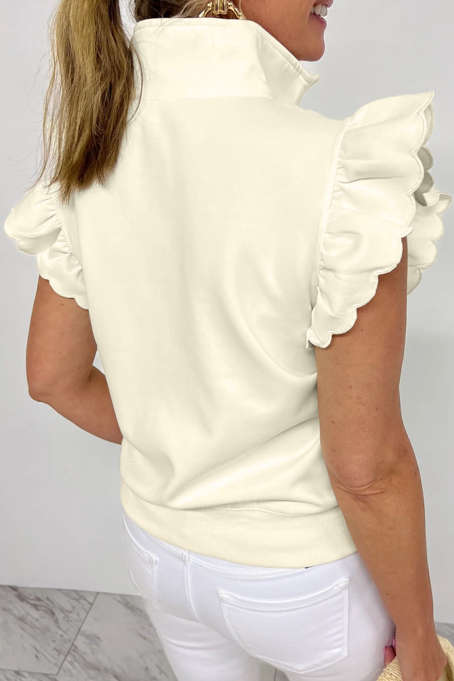 Beige Quarter Zip Collared Ruffled Short Sleeve Blouse