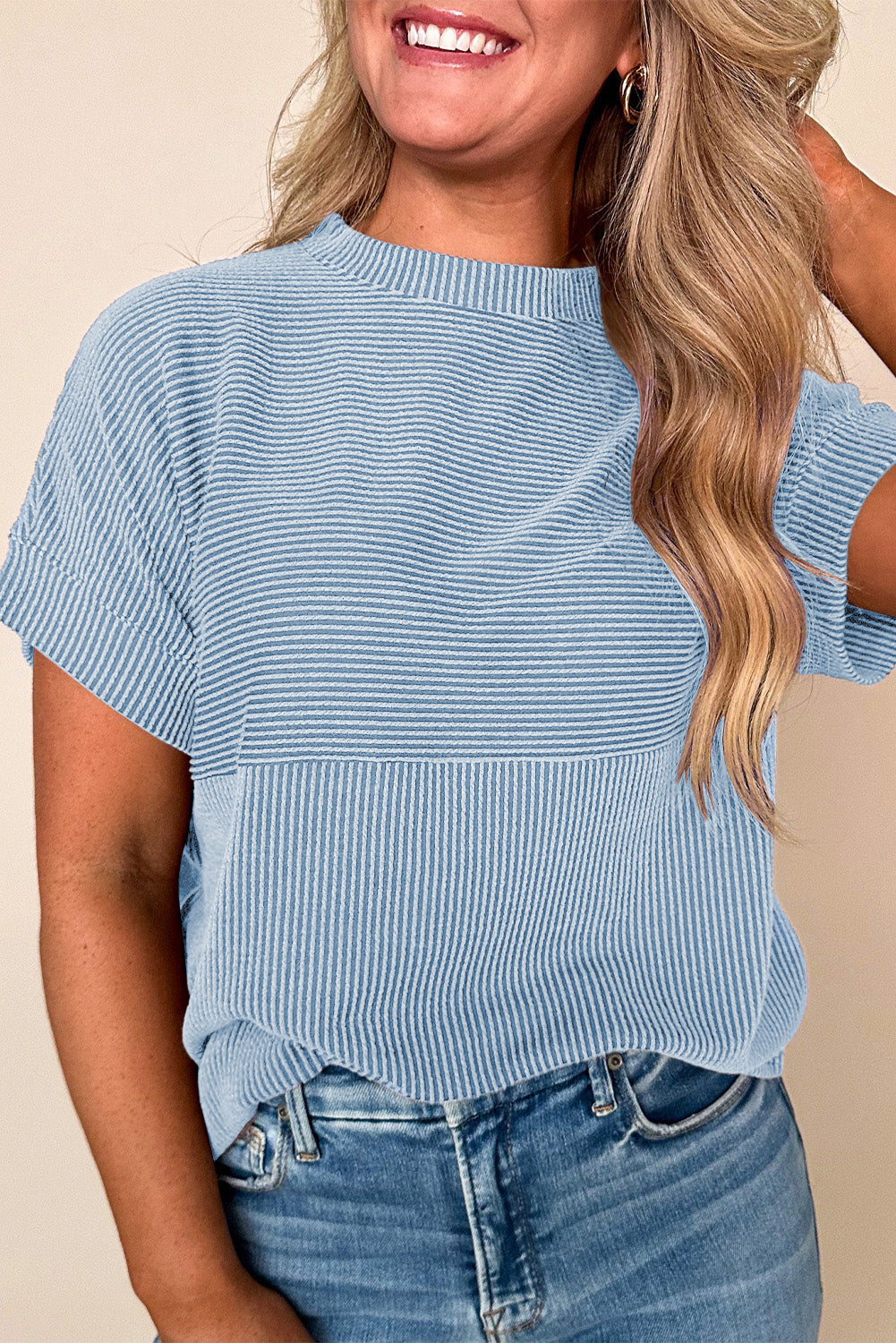 Blue Corded Knit Mock Neck T Shirt