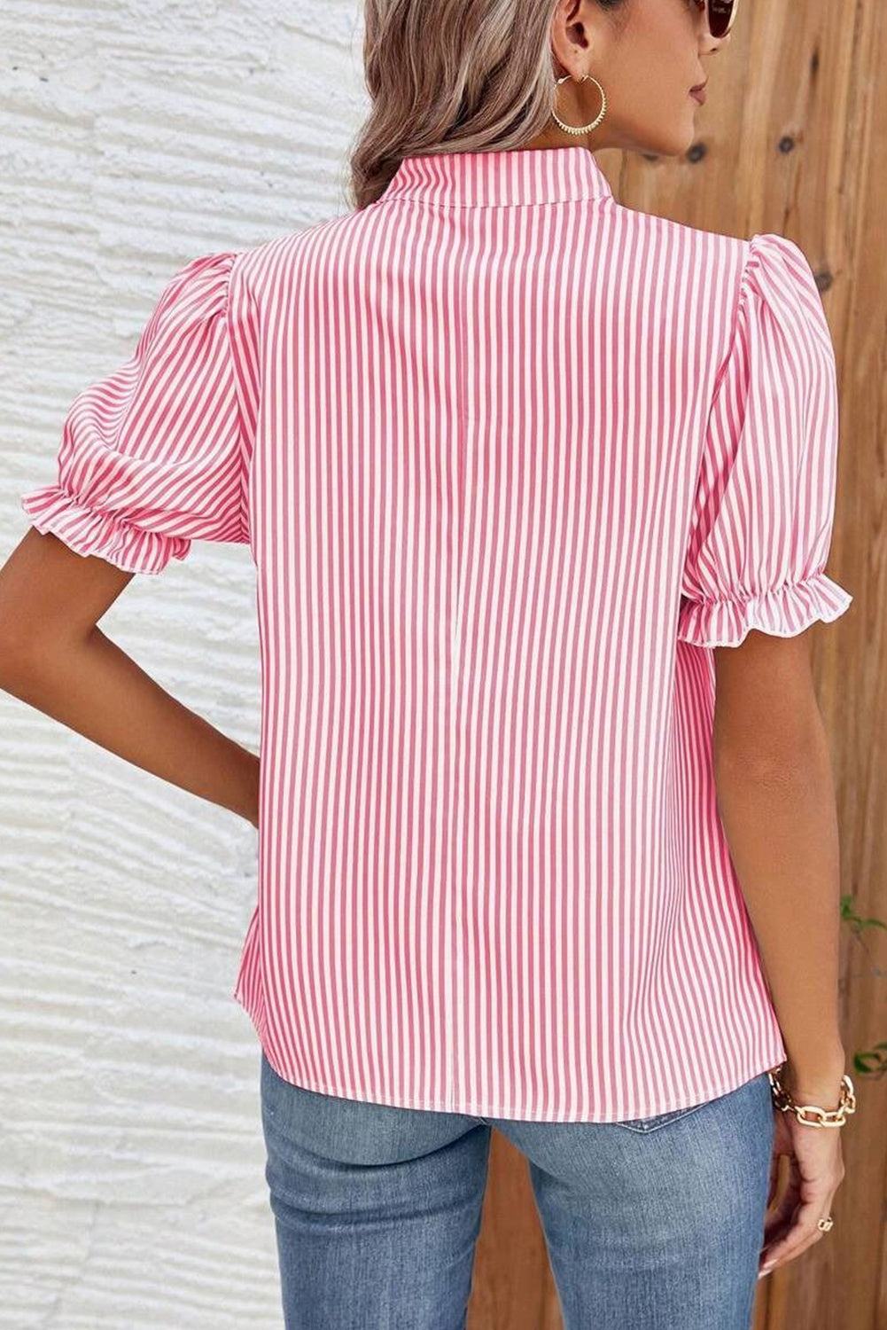 Pink Stripe Frilled Puff Sleeve Blouse