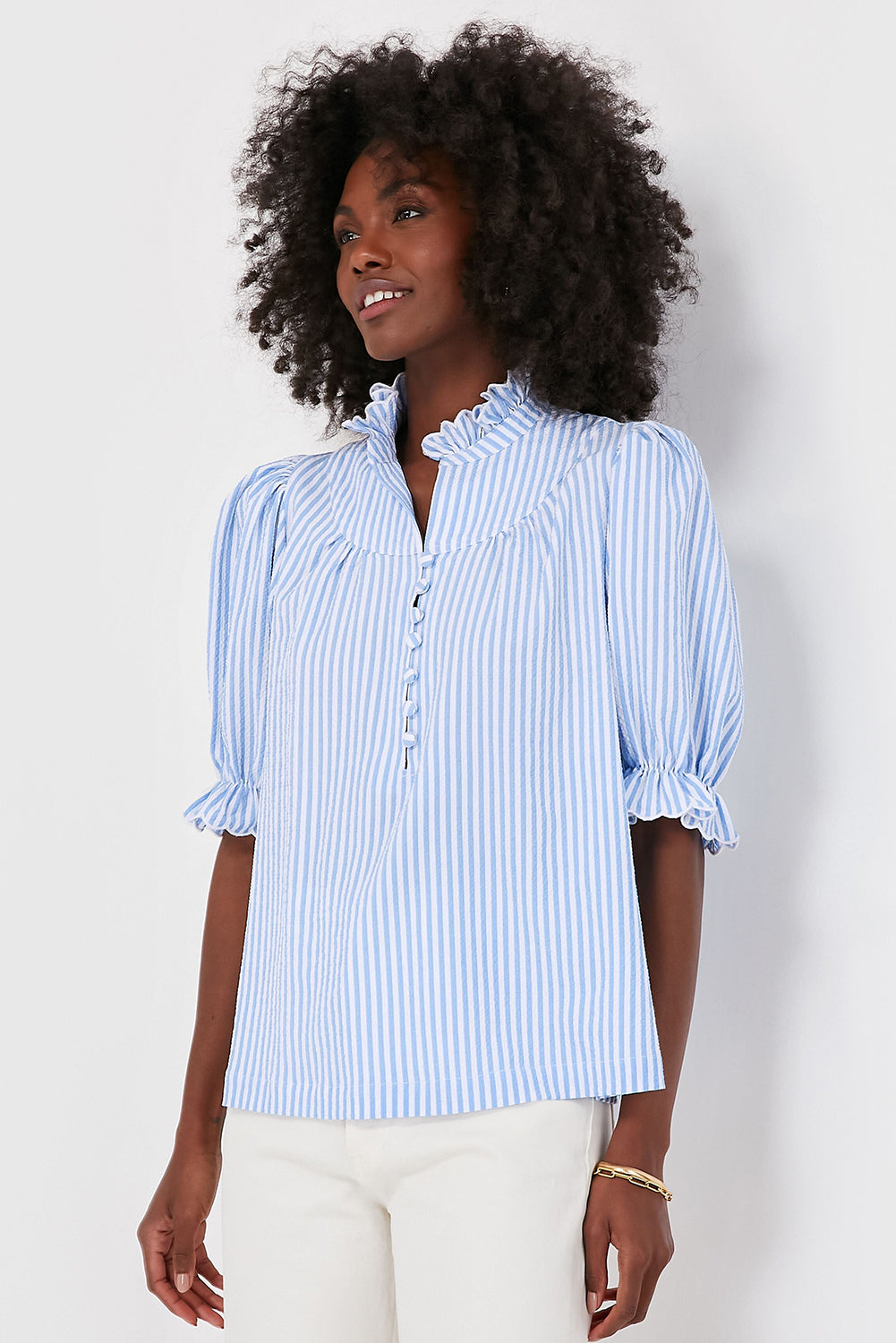 Blue Striped Ruffle Collar Blouse – Puff Sleeve