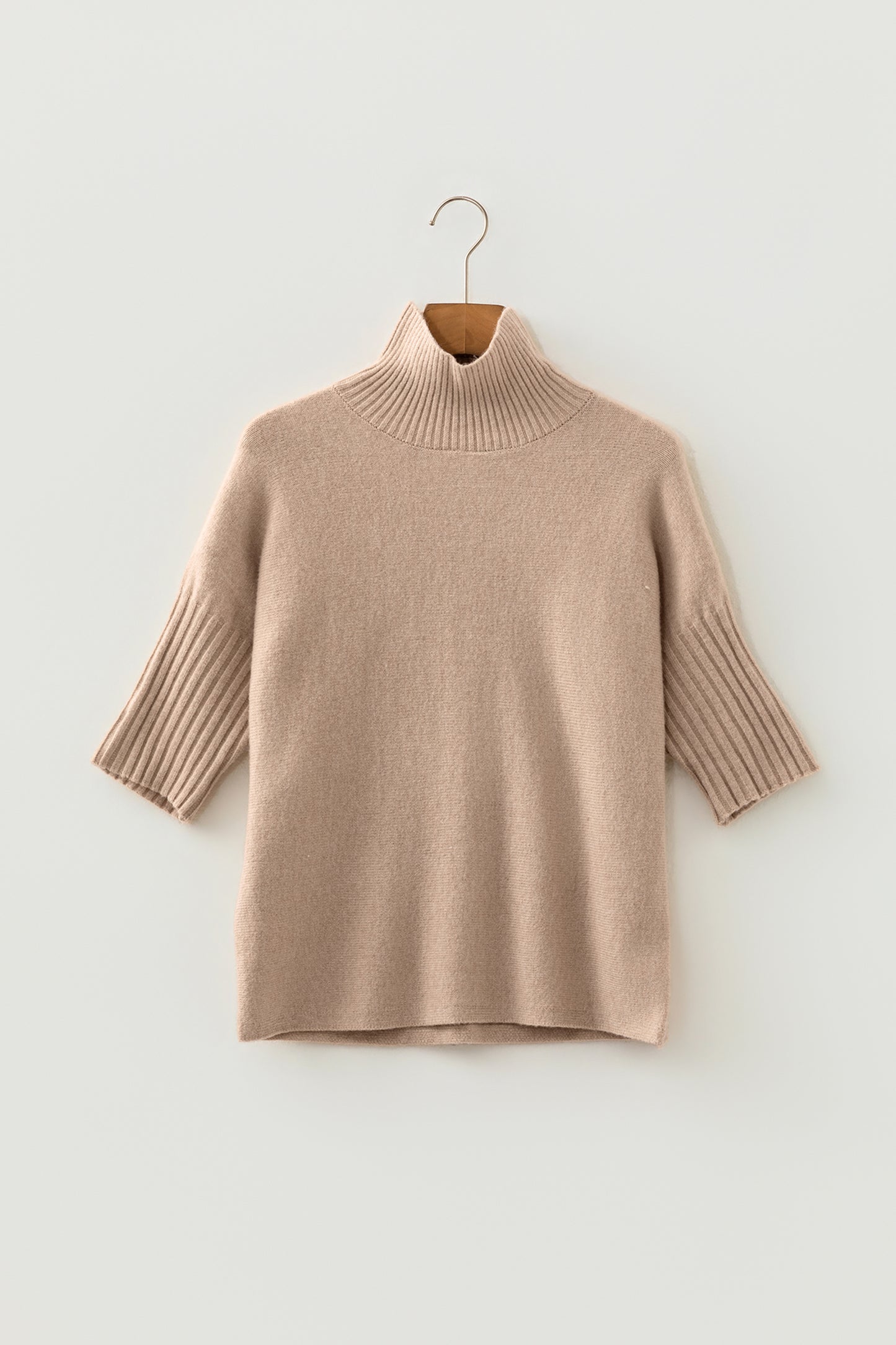 Beige Ribbed Trim High Neck Short Sleeve Sweater