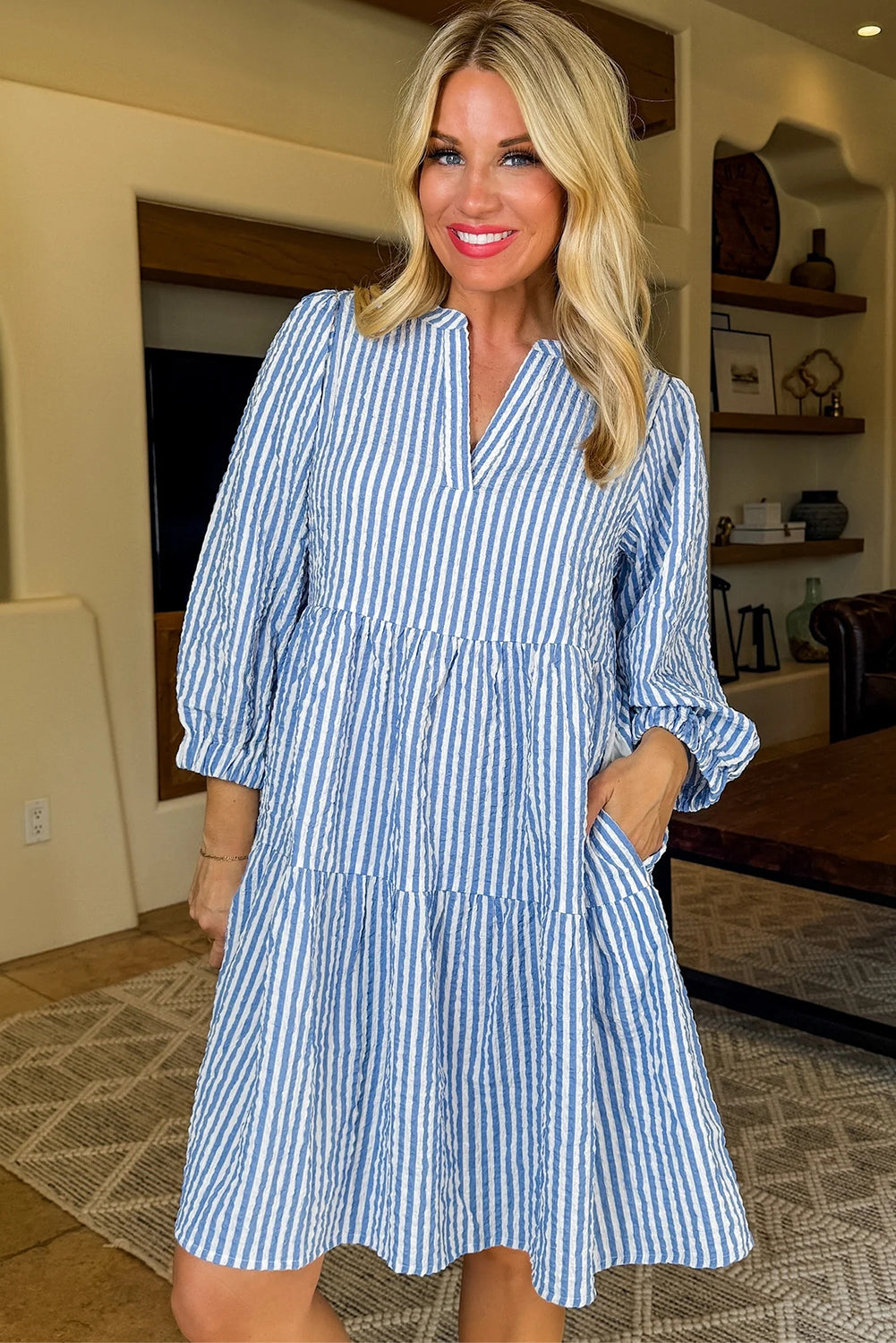 Blue Stripe Bracelet Sleeve Tiered Shift Dress with Pockets