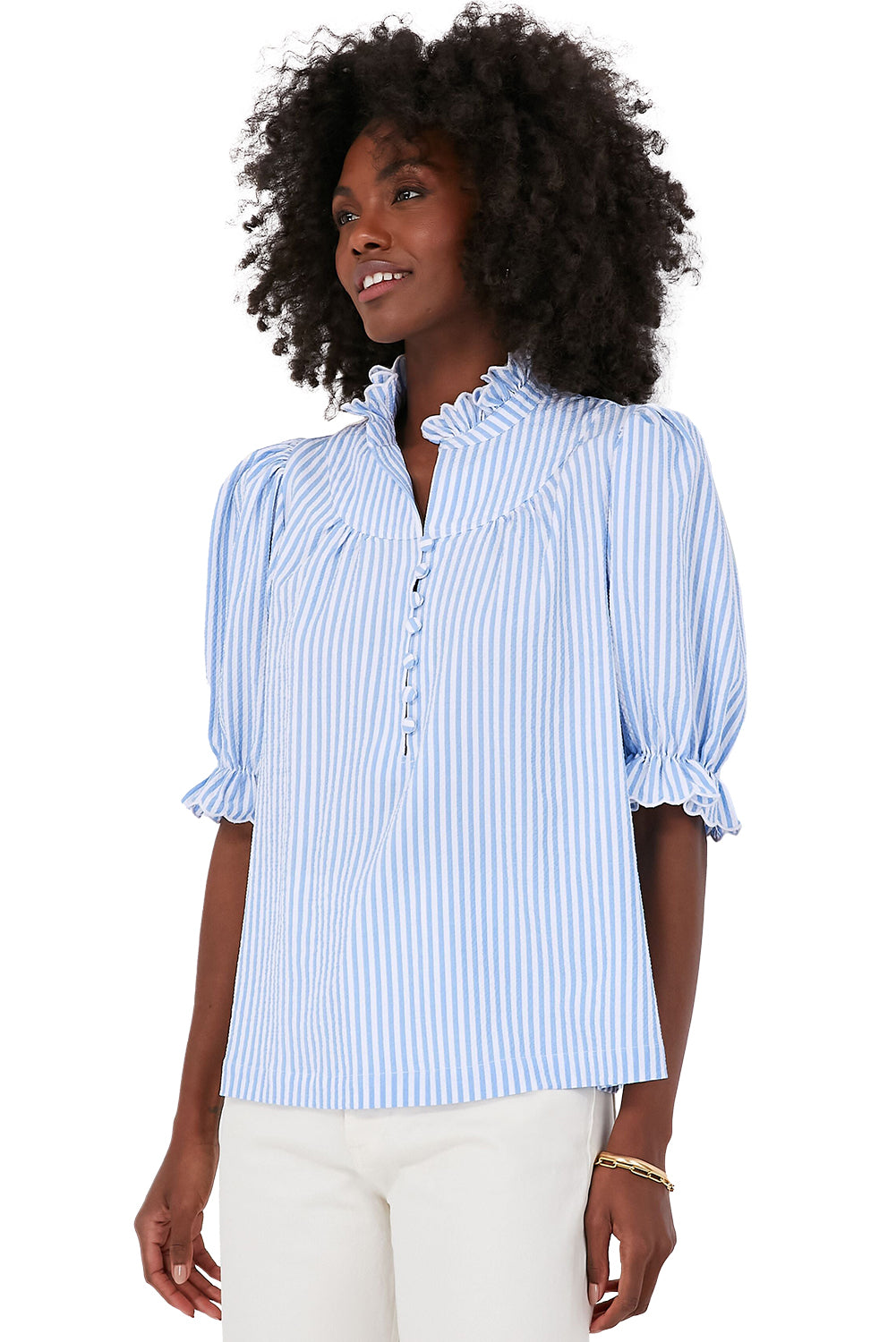 Blue Striped Ruffle Collar Blouse – Puff Sleeve