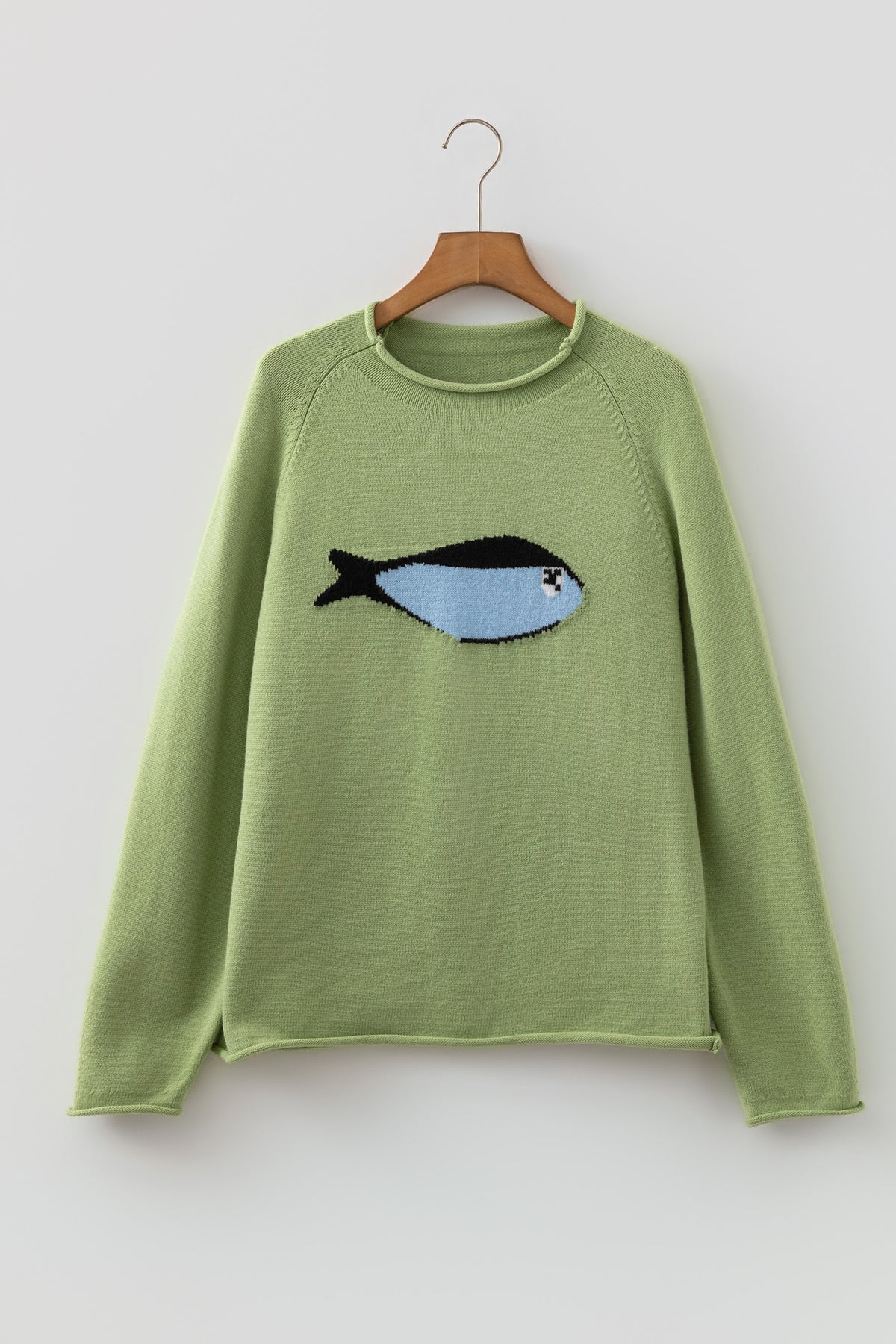 Green Fish Knit Oversized Crew Neck Sweater