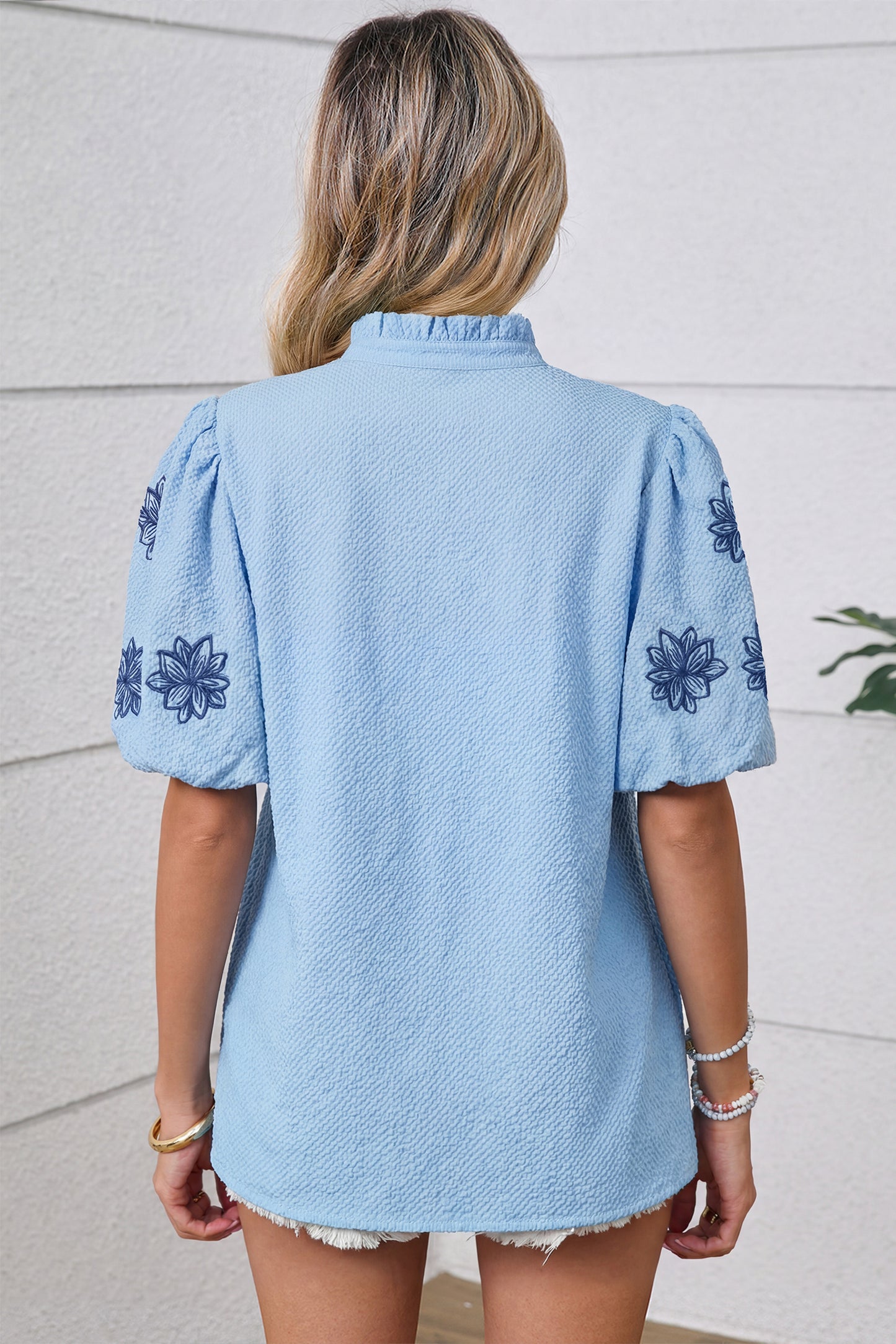 Beau Blue Embroidered Puff Sleeve Blouse