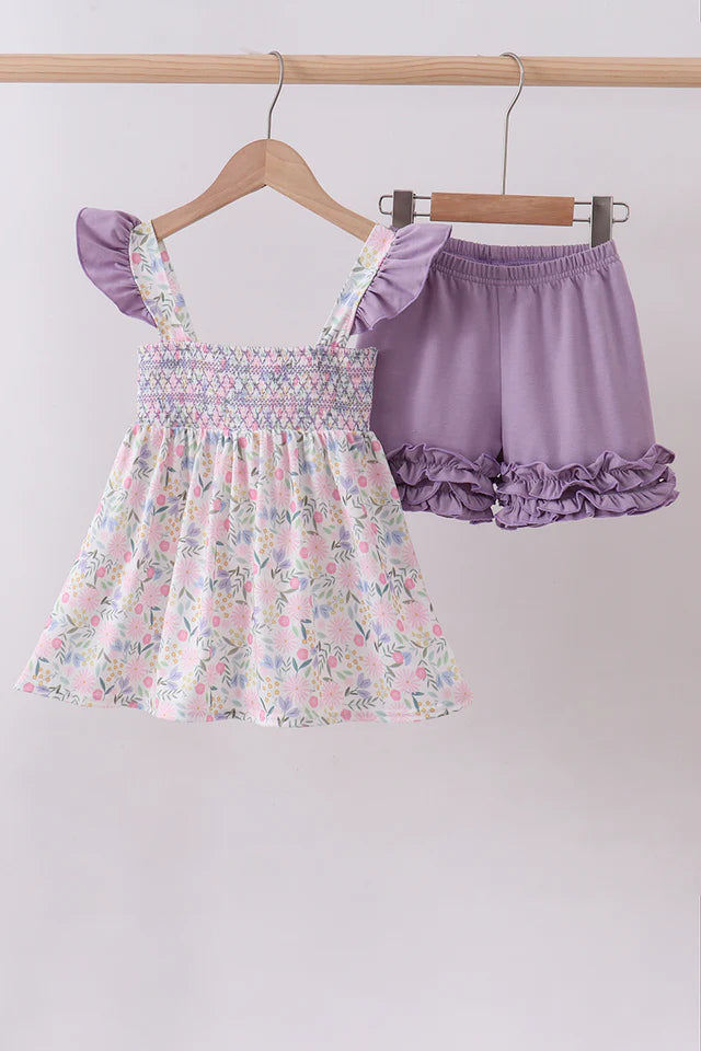 Purple floral smocked ruffle shorts set