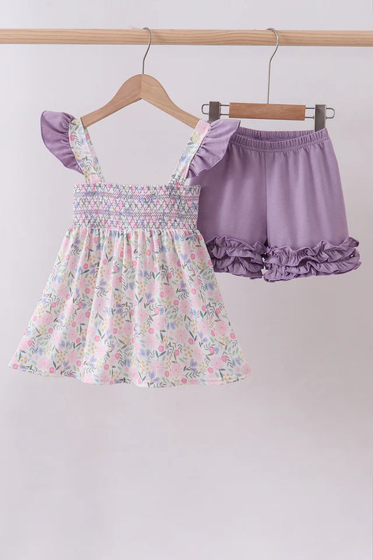 Purple floral smocked ruffle shorts set