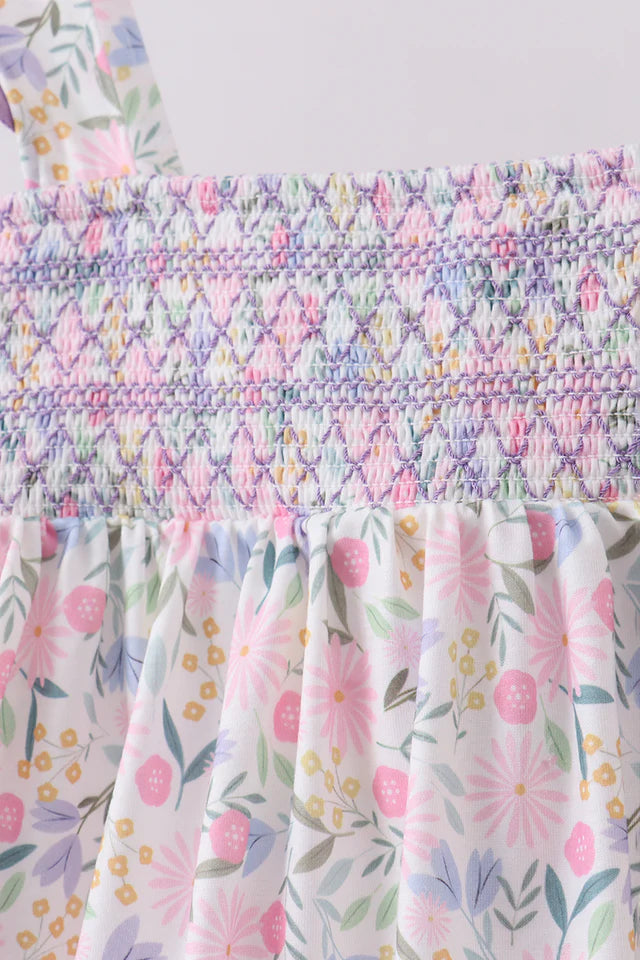 Purple floral smocked ruffle shorts set