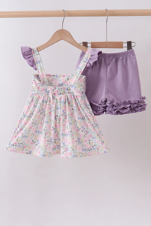 Purple floral smocked ruffle shorts set