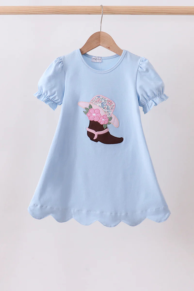 Blue Floral Boot Applique Scalloped Dress