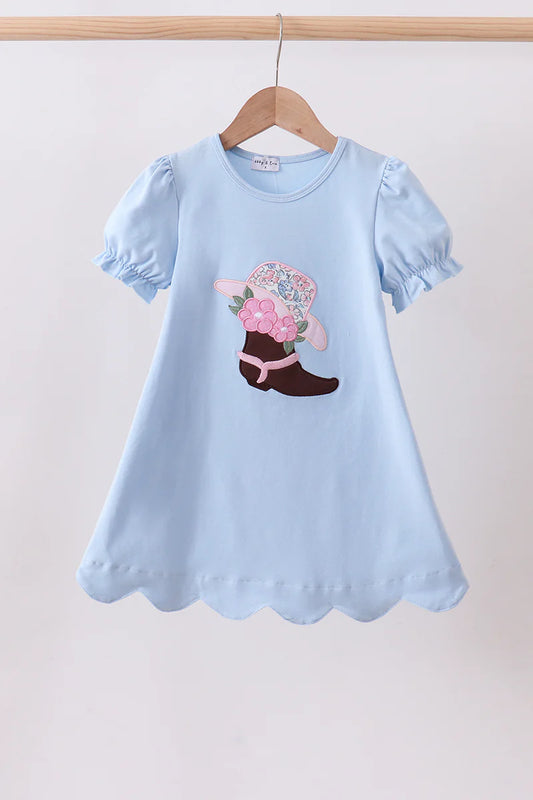Blue Floral Boot Applique Scalloped Dress