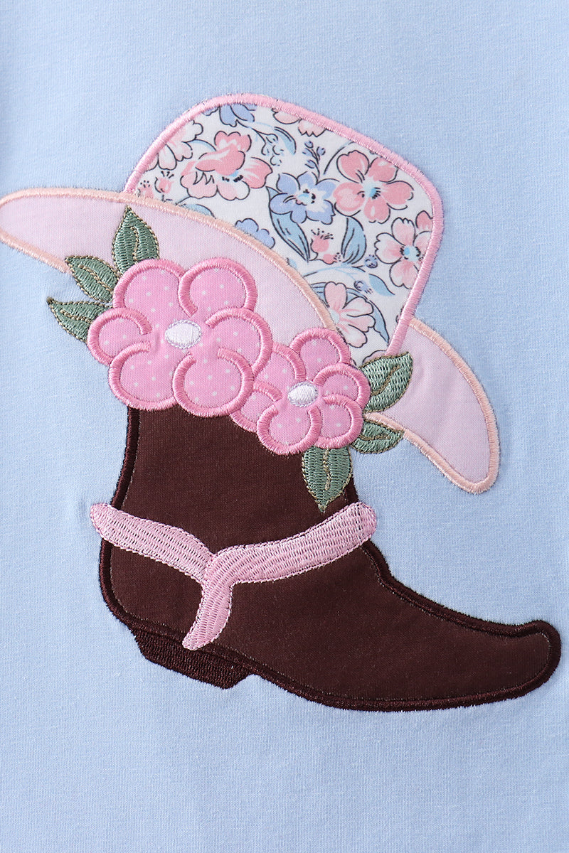 Blue Floral Boot Applique Scalloped Dress