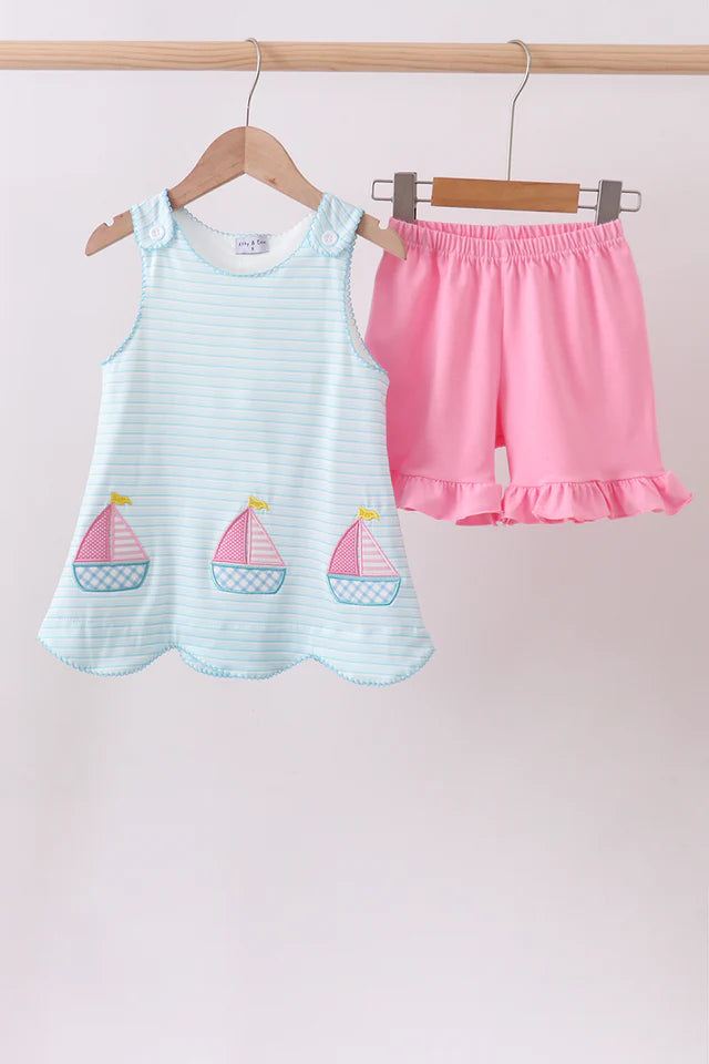 Blue Sailboat Applique Ruffle Shorts Set