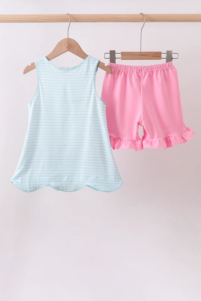 Blue Sailboat Applique Ruffle Shorts Set