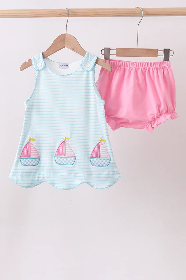 Blue Sailboat Applique Ruffle Bloomer Set