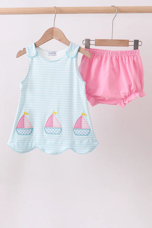Blue Sailboat Applique Ruffle Bloomer Set