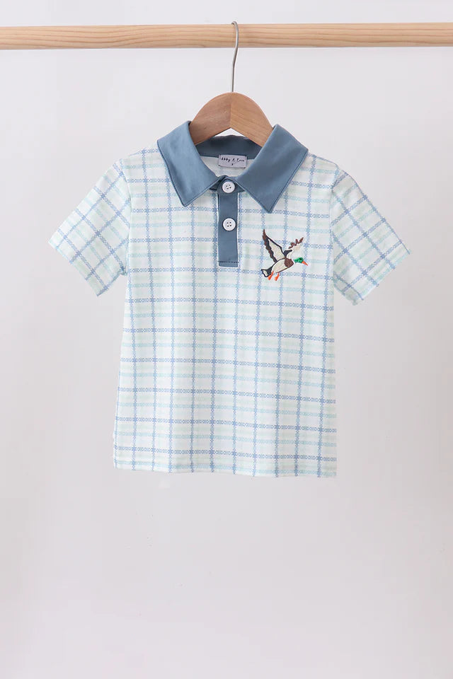 Blue Plaid Duck Embroidery Button Down Shirt