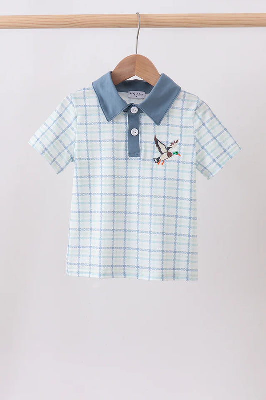 Blue Plaid Duck Embroidery Button Down Shirt
