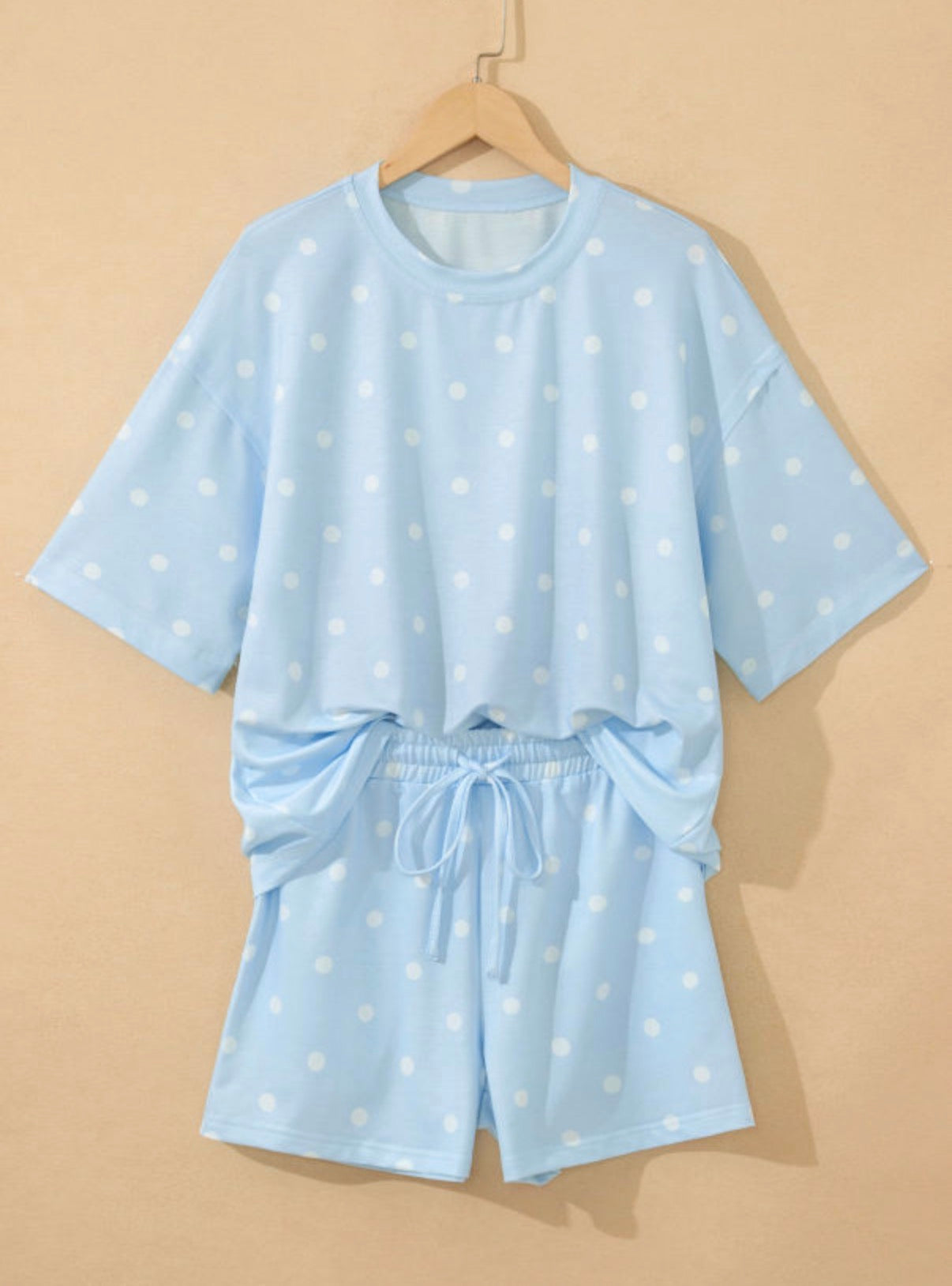 Blue Polka Dot Drawstring Shorts Set