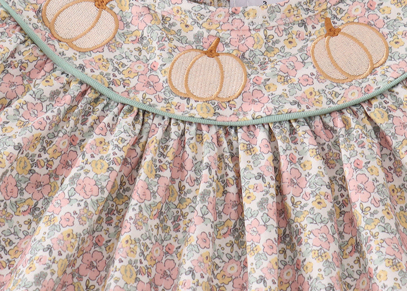 Pink floral print pumpkin embroidery girl ruffle set