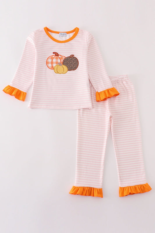 Pink Stripe Pumpkin Applique Girl Set