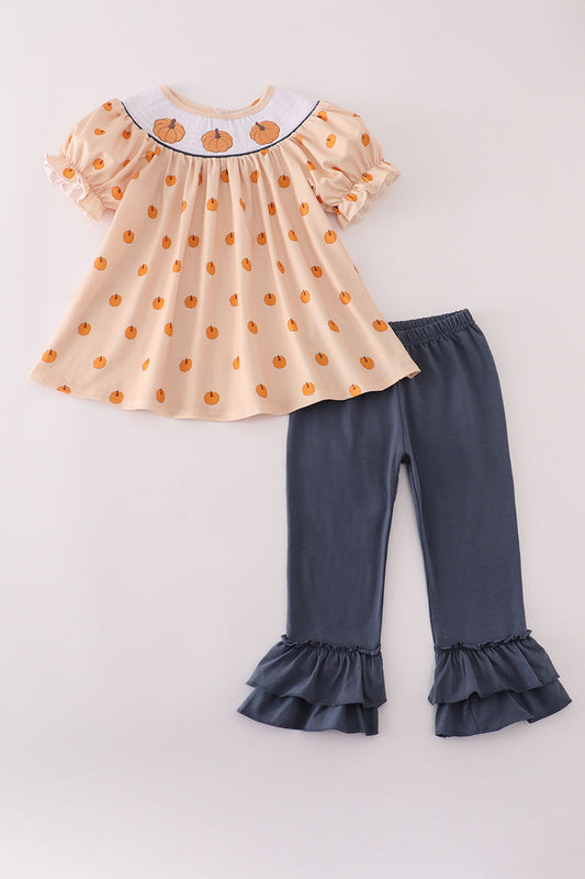 Pumpkin Embroidery Smocked Top & Ruffle Pants Set – Fall Baby Girl Outfit | Peachy & Pine