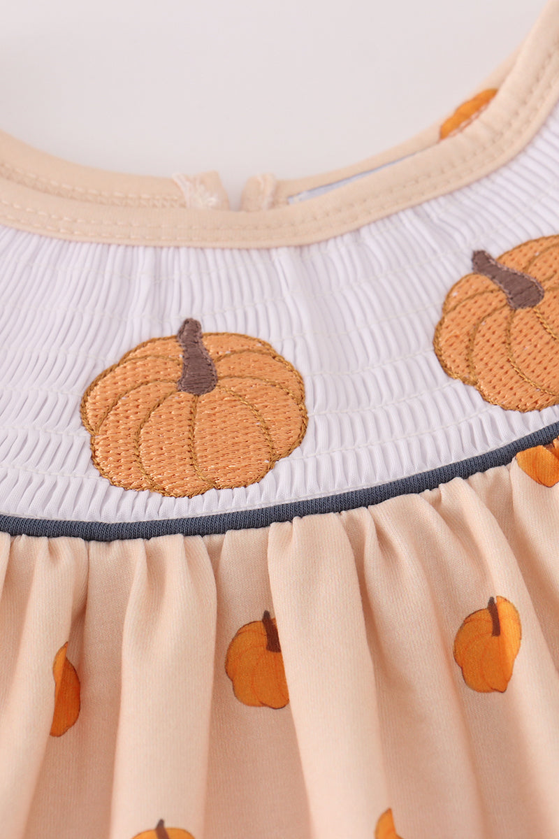 Pumpkin Embroidery Smocked Top & Ruffle Pants Set – Fall Baby Girl Outfit | Peachy & Pine