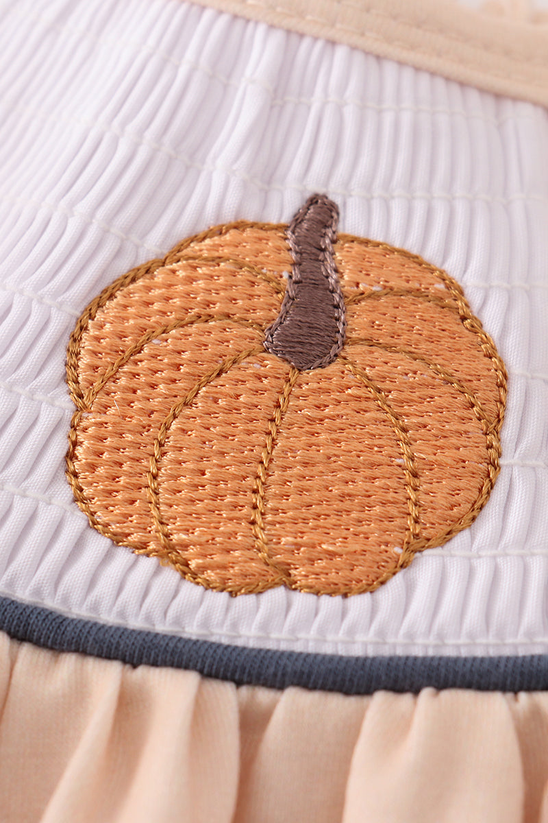 Pumpkin Embroidery Smocked Top & Ruffle Pants Set – Fall Baby Girl Outfit | Peachy & Pine