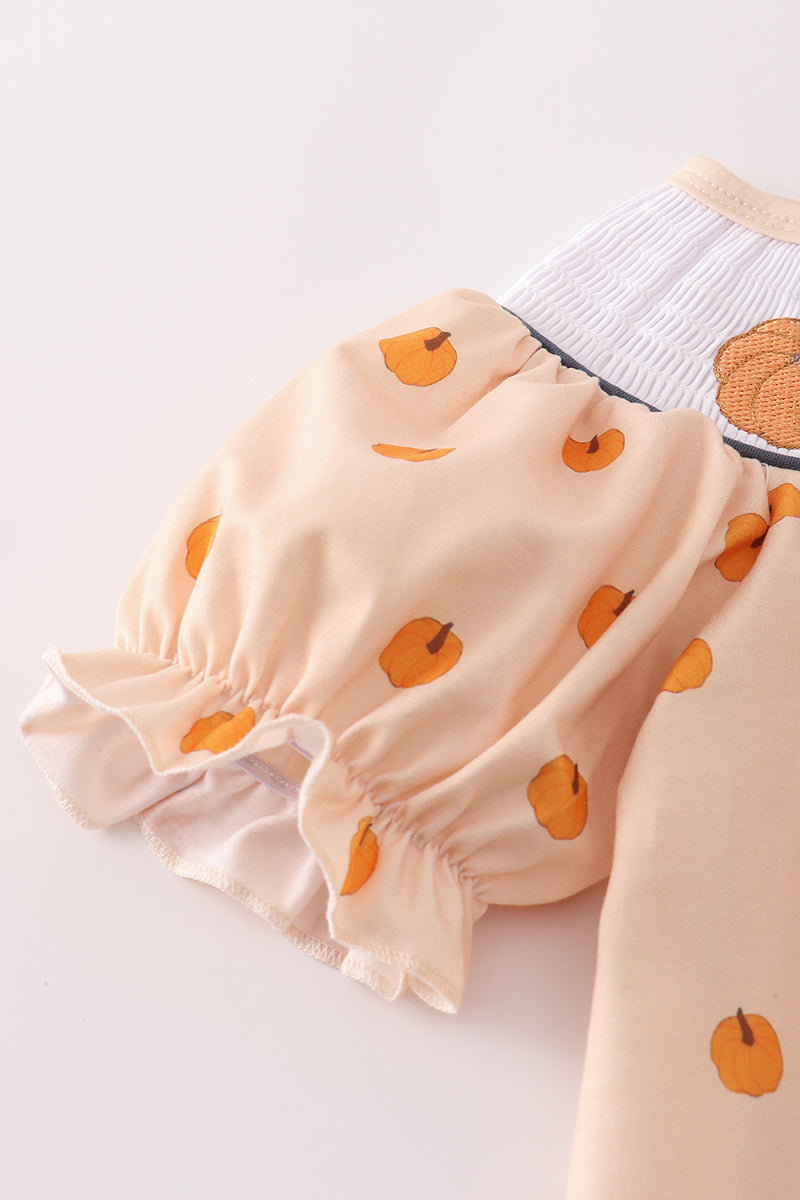 Pumpkin Embroidery Smocked Top & Ruffle Pants Set – Fall Baby Girl Outfit | Peachy & Pine