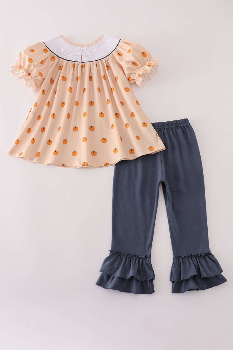 Pumpkin Embroidery Smocked Top & Ruffle Pants Set – Fall Baby Girl Outfit | Peachy & Pine