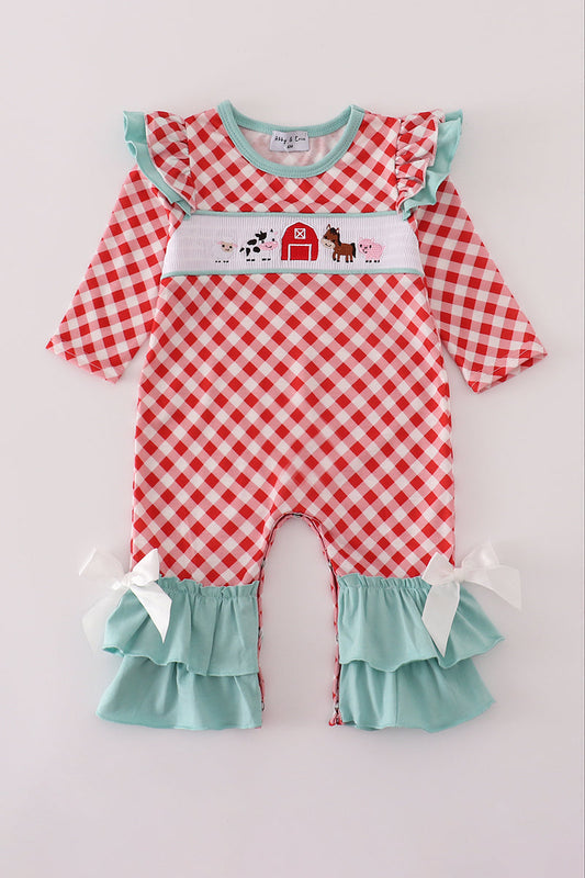 Farm Friends Smocked Ruffle Romper – Red Gingham