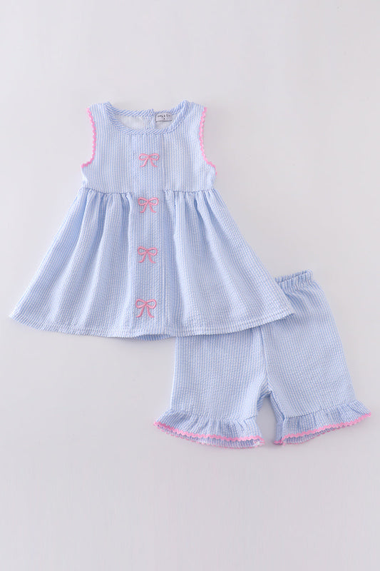 Seersucker Bow Embroidery Girl Set – Blue & Pink