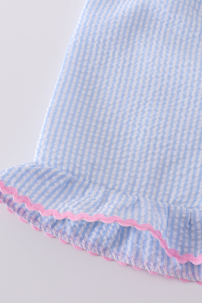 Seersucker Bow Embroidery Girl Set – Blue & Pink