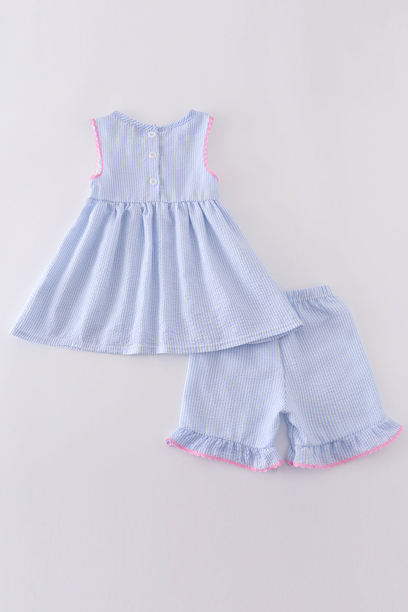 Seersucker Bow Embroidery Girl Set – Blue & Pink