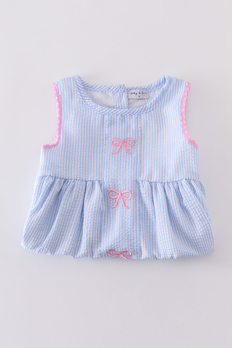 Seersucker Bow Embroidery Girl Set – Blue & Pink