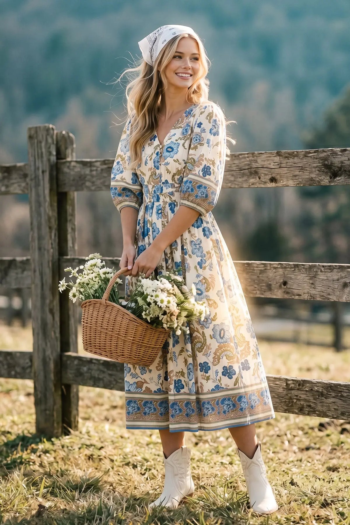 Blue Floral Midi Dress